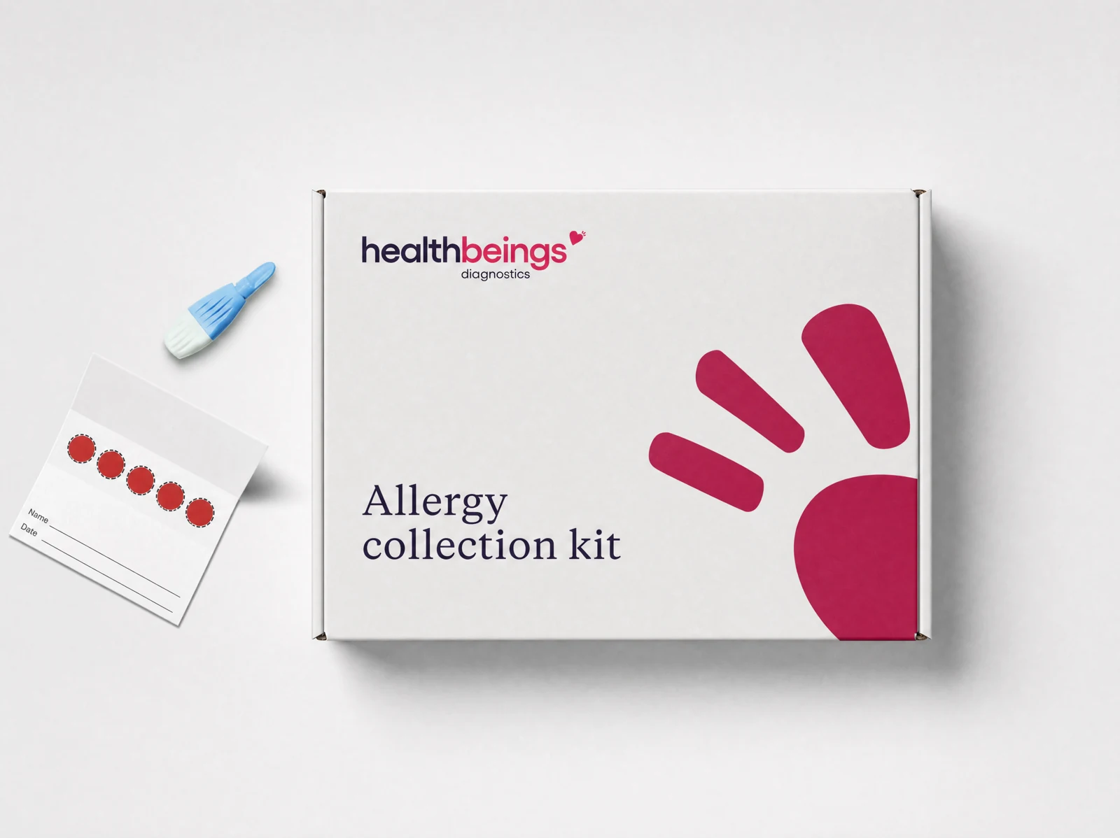 Health Beings Diagnostics allergy collection kit with a blue collection device and five-spot sample card