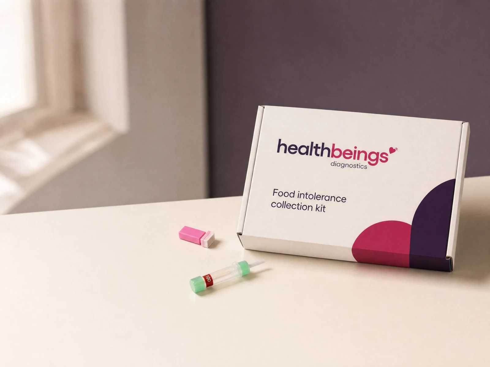 Health Beings Diagnostics food intolerance collection kit and collection components on a sunlit desk