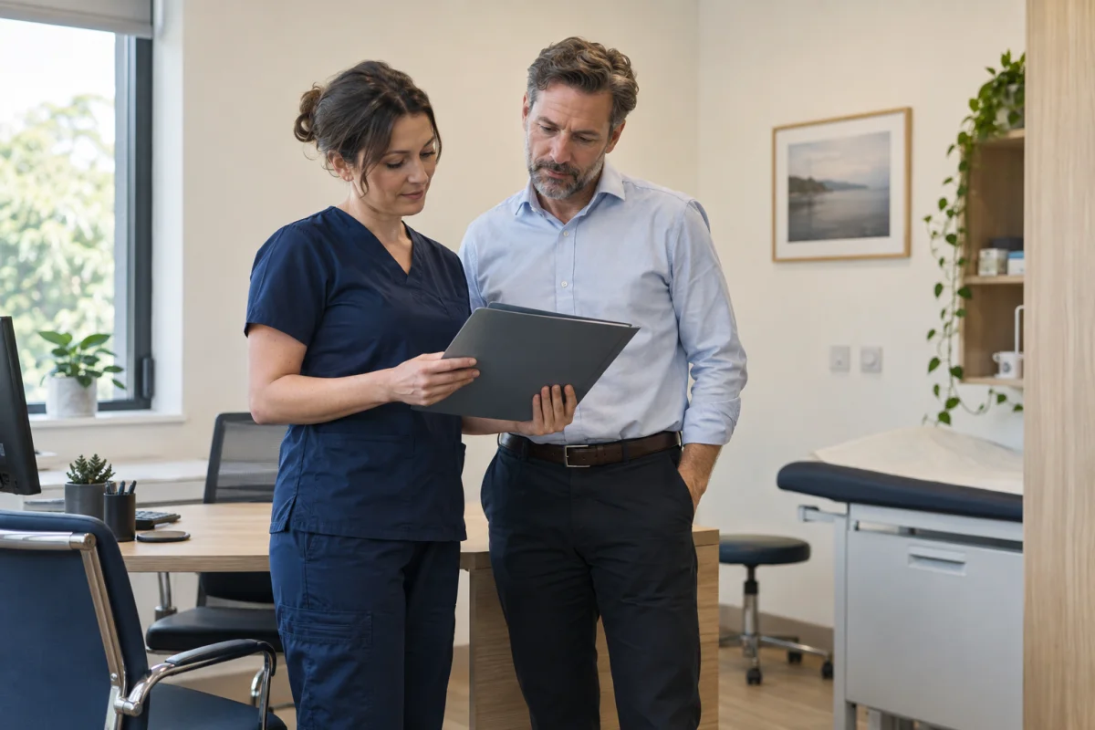 Two healthcare professionals reviewing a folder in a bright consulting room