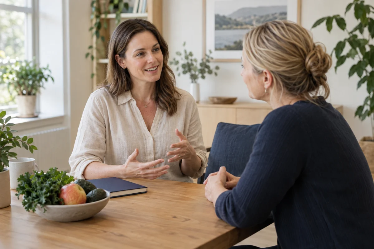 A wellbeing practitioner talking with a client across a table with fresh produce