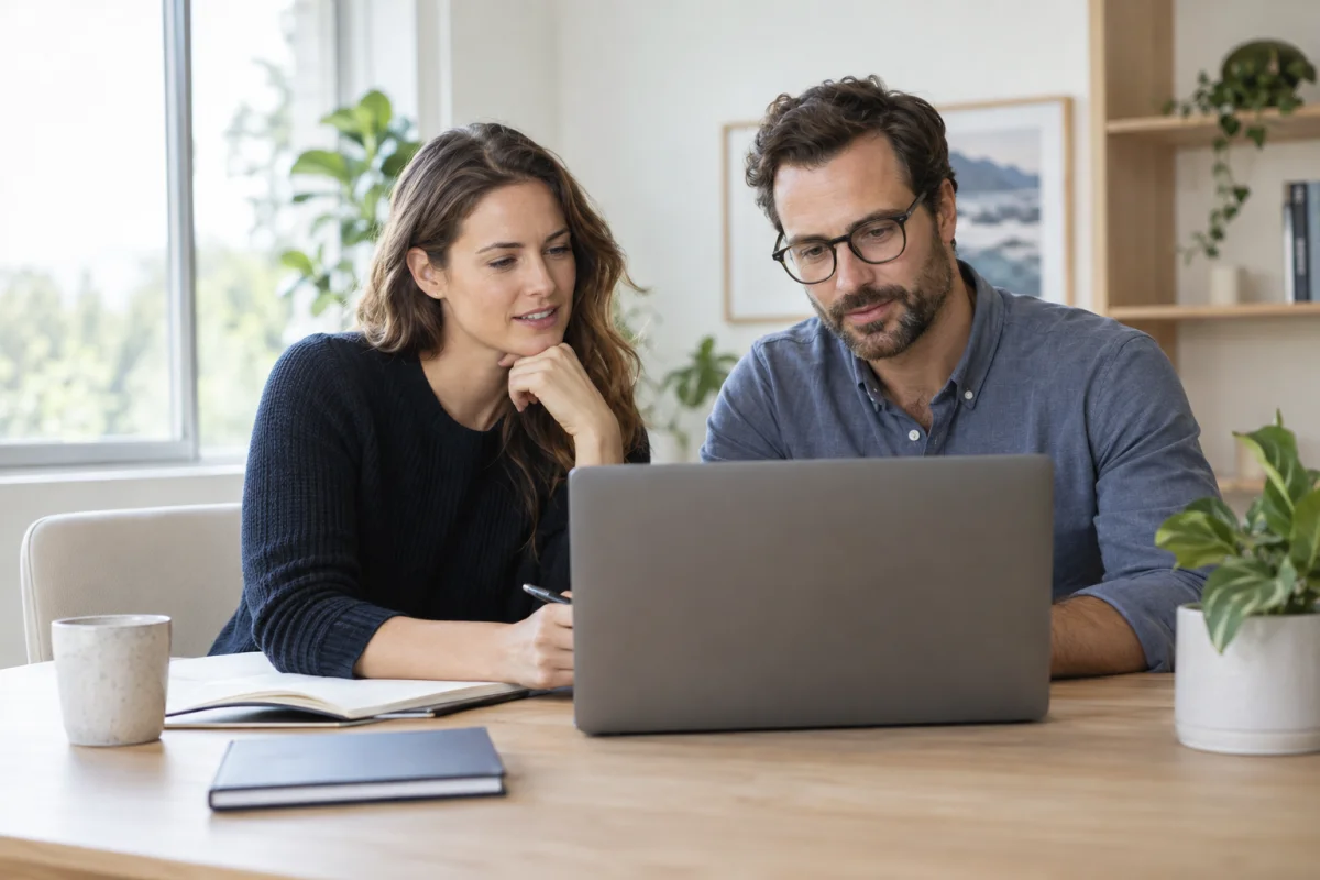 Two professionals reviewing a laptop together at an office desk