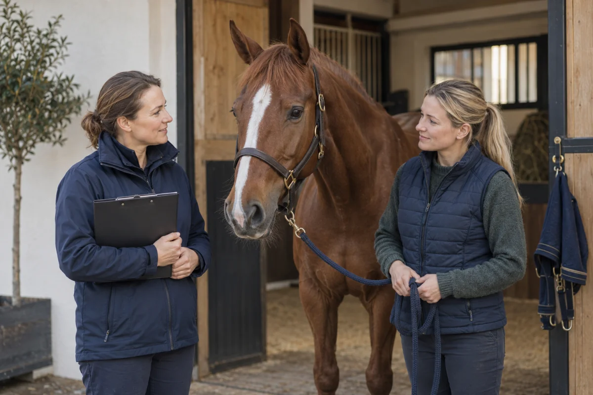 A veterinary professional and handler standing beside a chestnut horse at a stable