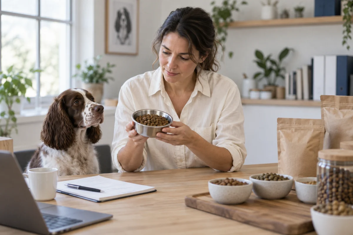 A pet nutrition professional examining a bowl of dry food beside a spaniel