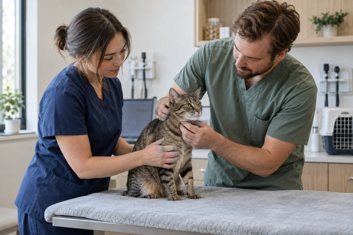 Two veterinary professionals gently examining a tabby cat