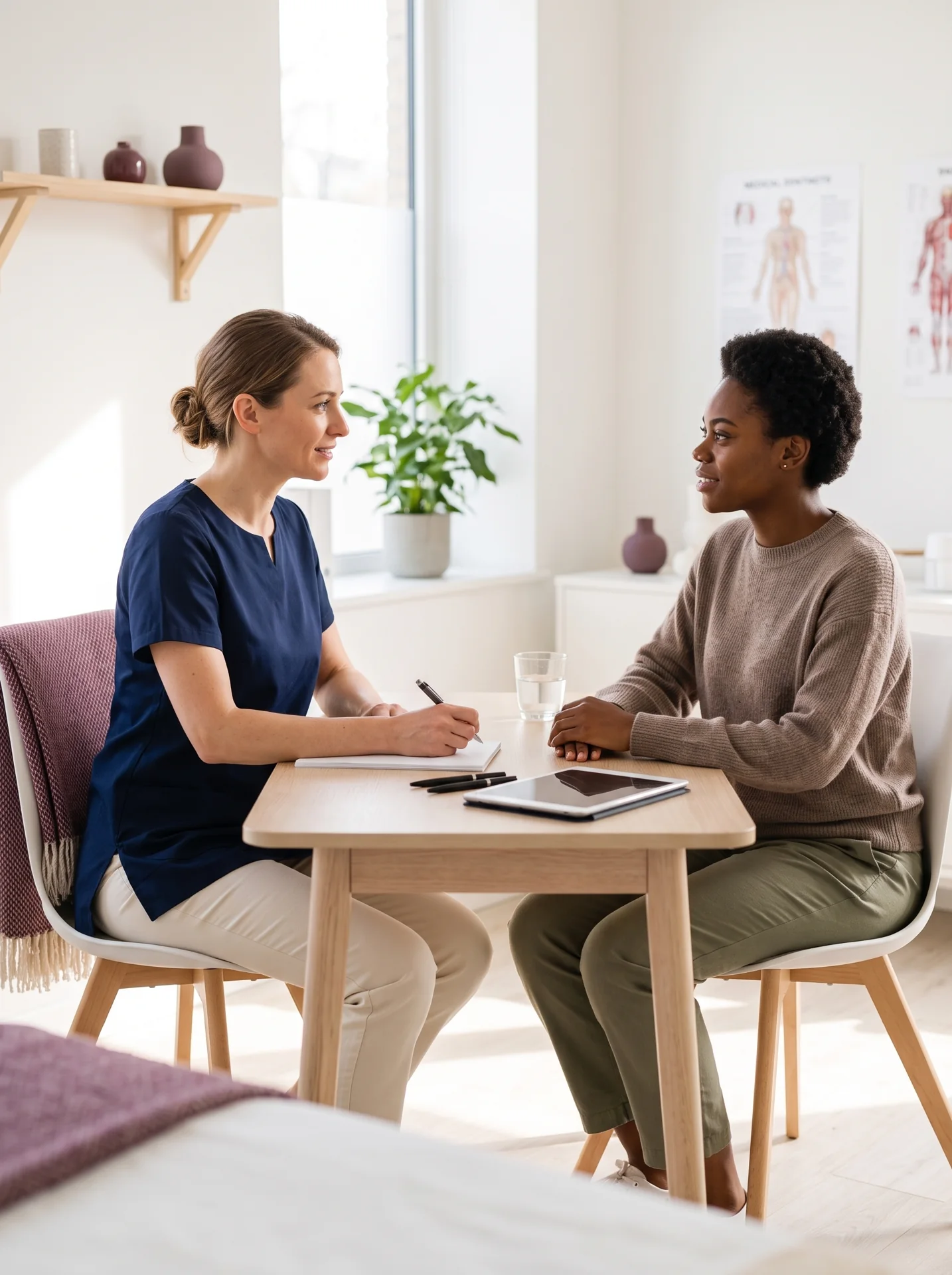 A practitioner taking notes across a table from a client in a consulting room