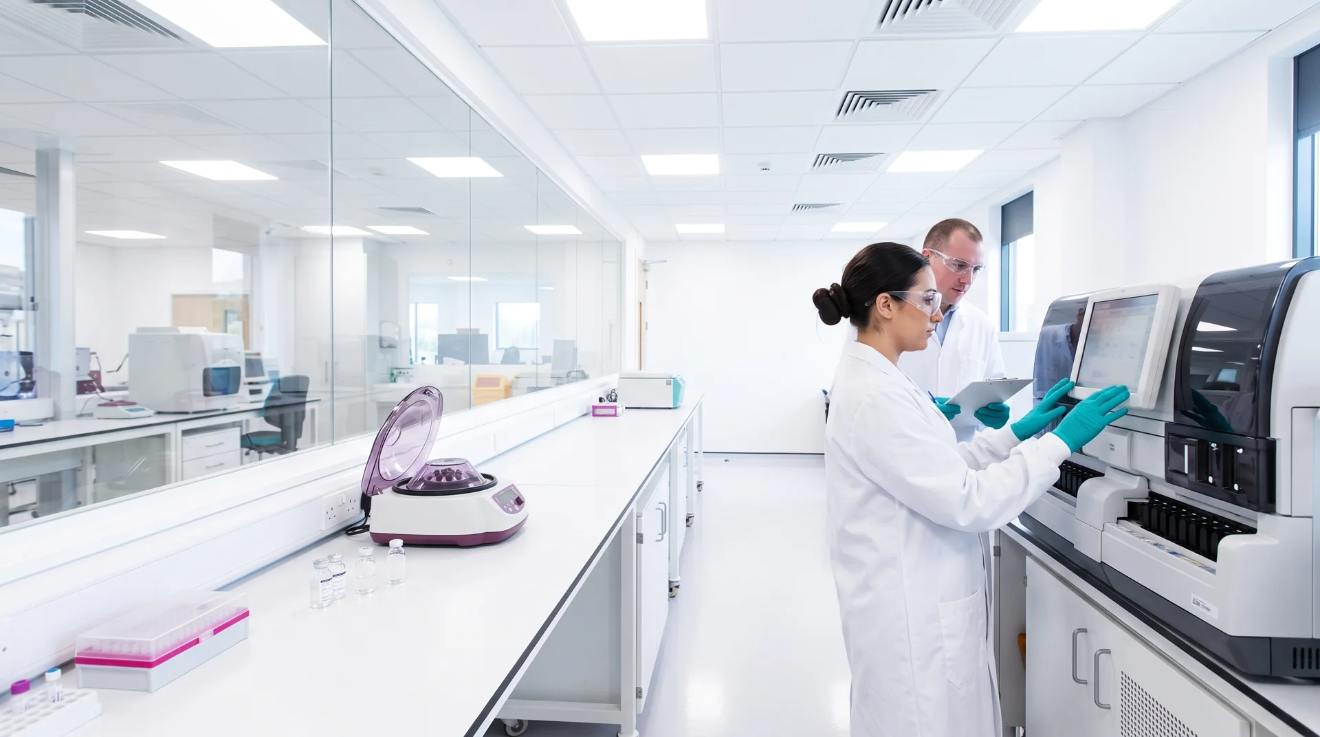 Two people in white coats working at analyser instruments in a bright laboratory