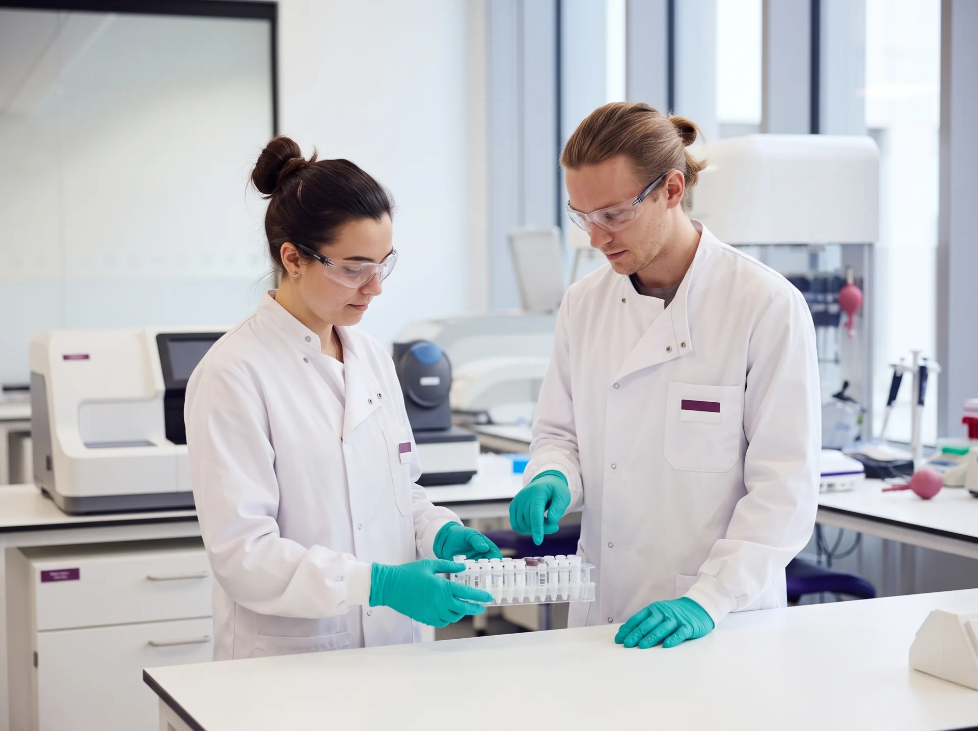 Two laboratory staff in white coats handling a rack of sample tubes