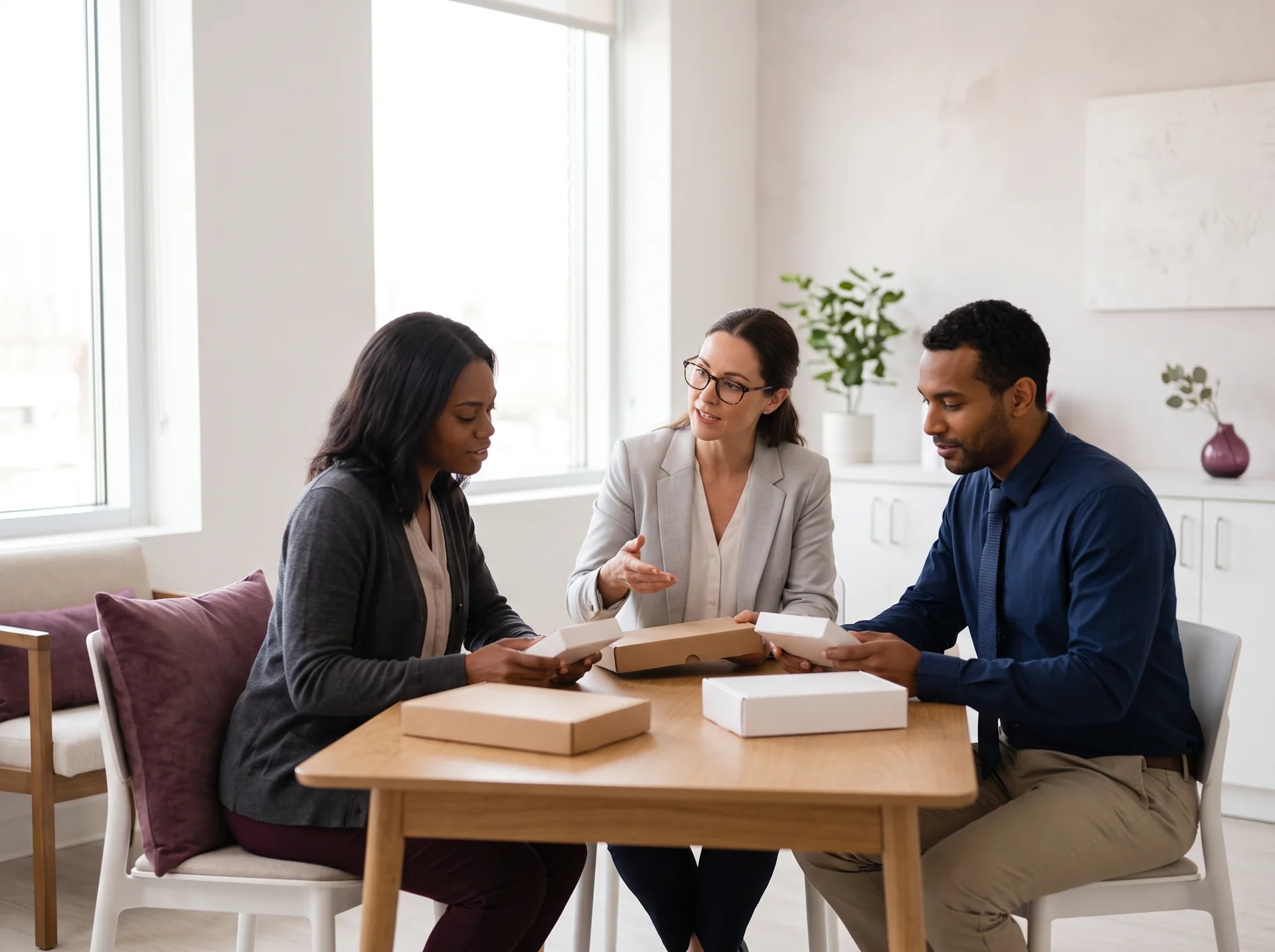 Three people talking around a table with kit boxes in front of them