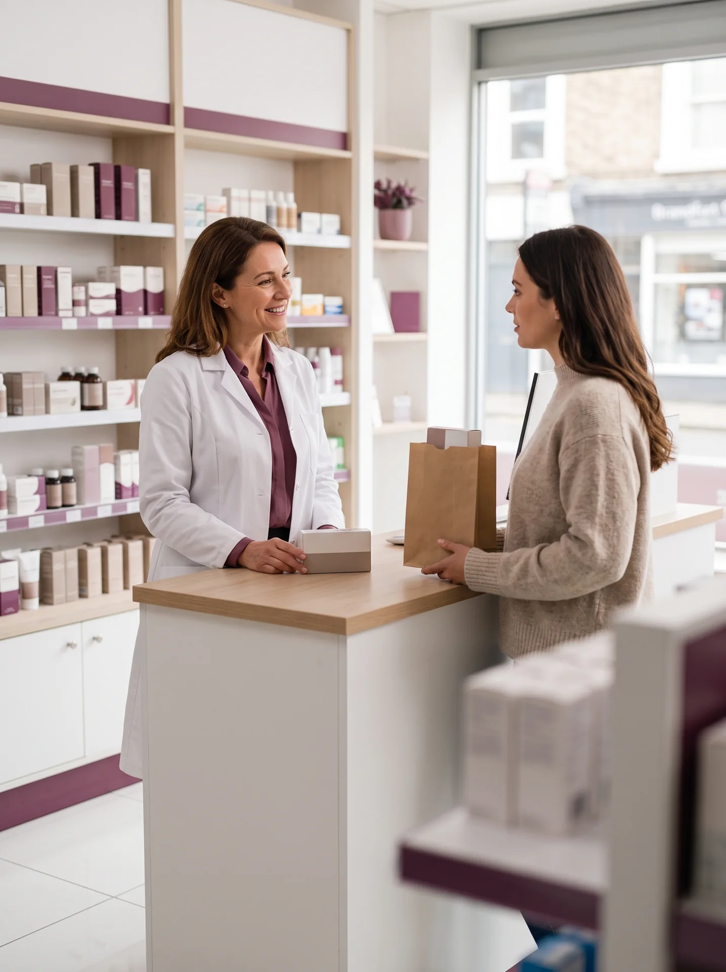 A pharmacist handing a package to a customer across a pharmacy counter
