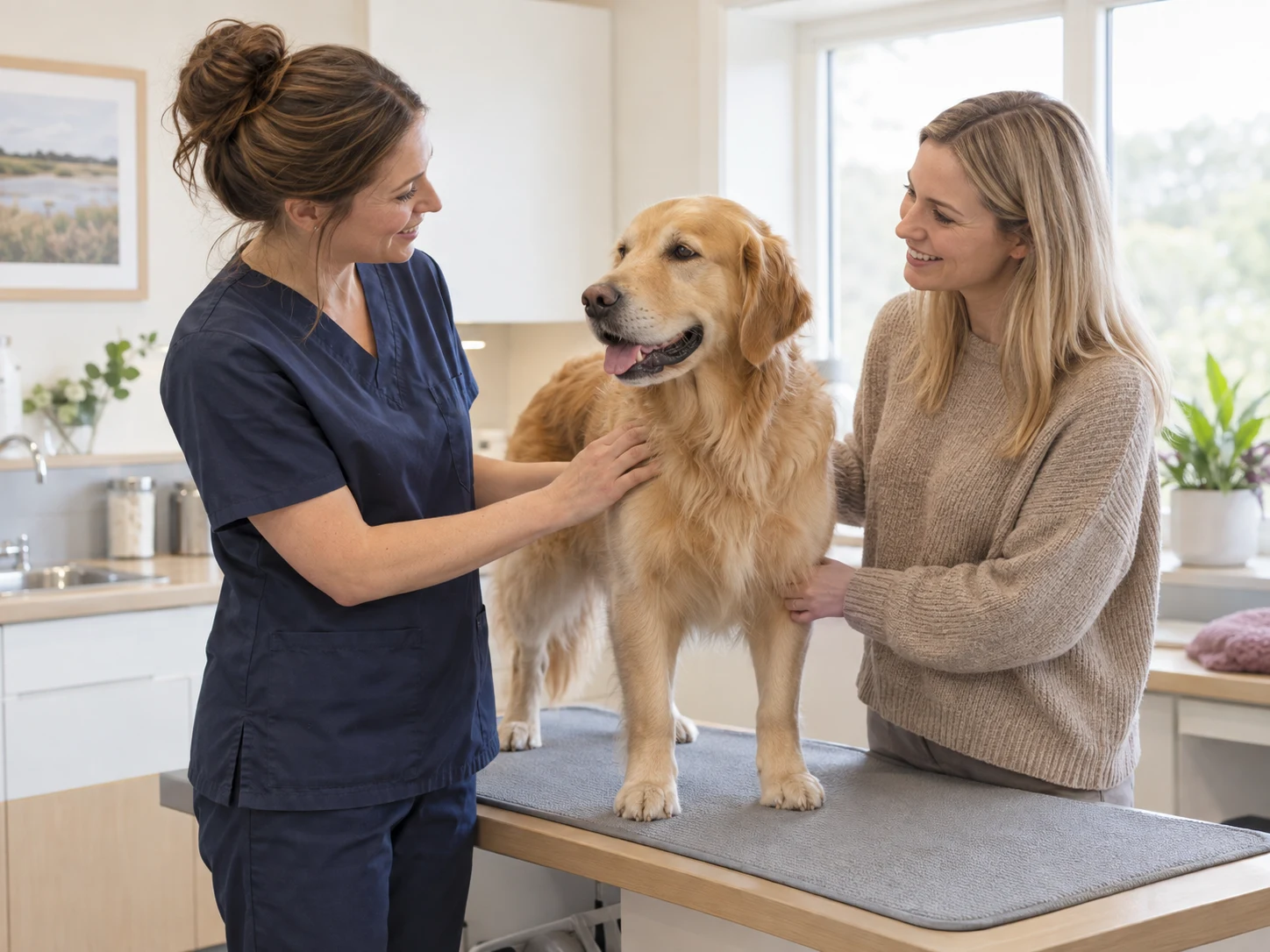 A person in navy scrubs and a dog owner standing either side of a golden retriever on a consulting room table