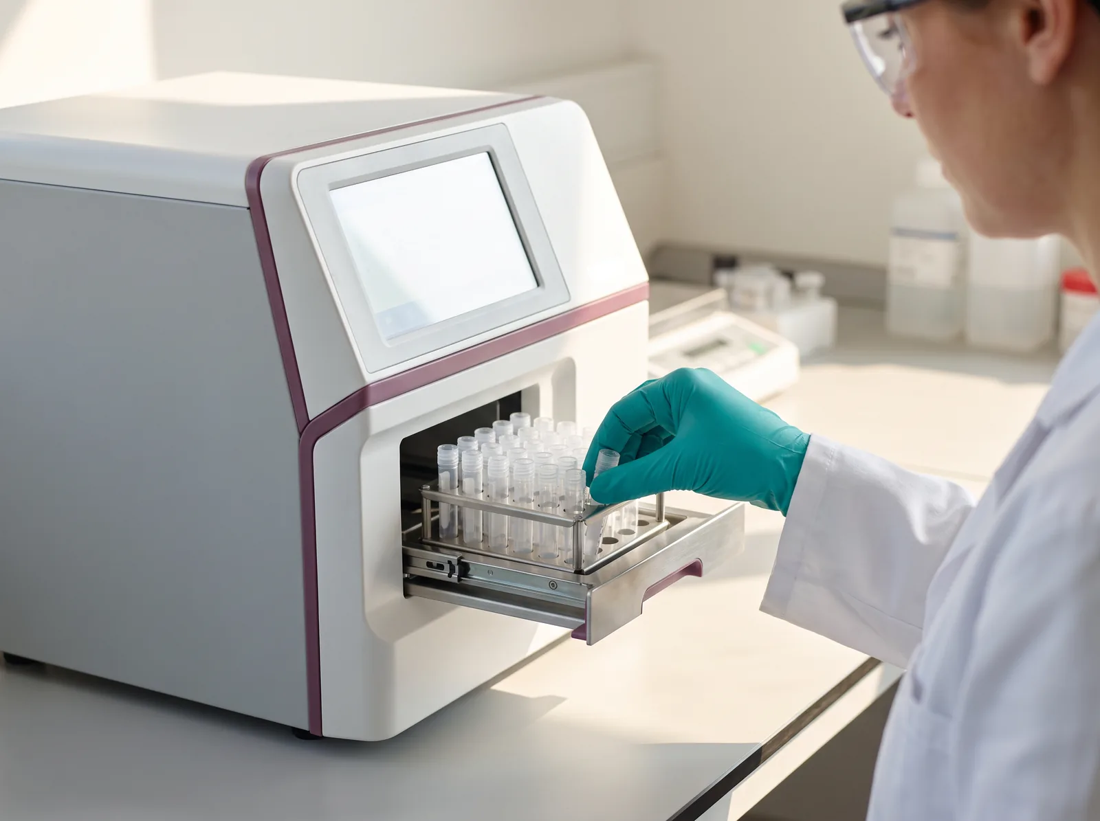 A laboratory analyser processing a rack of samples with a gloved operator