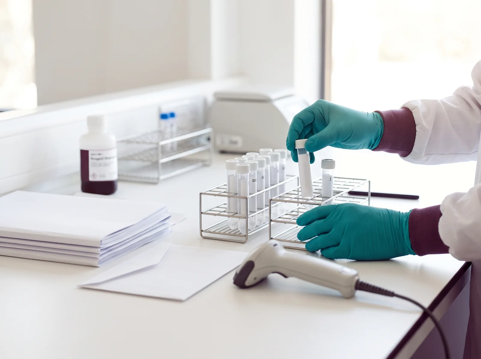 Gloved hands registering capped sample tubes at a clean laboratory bench
