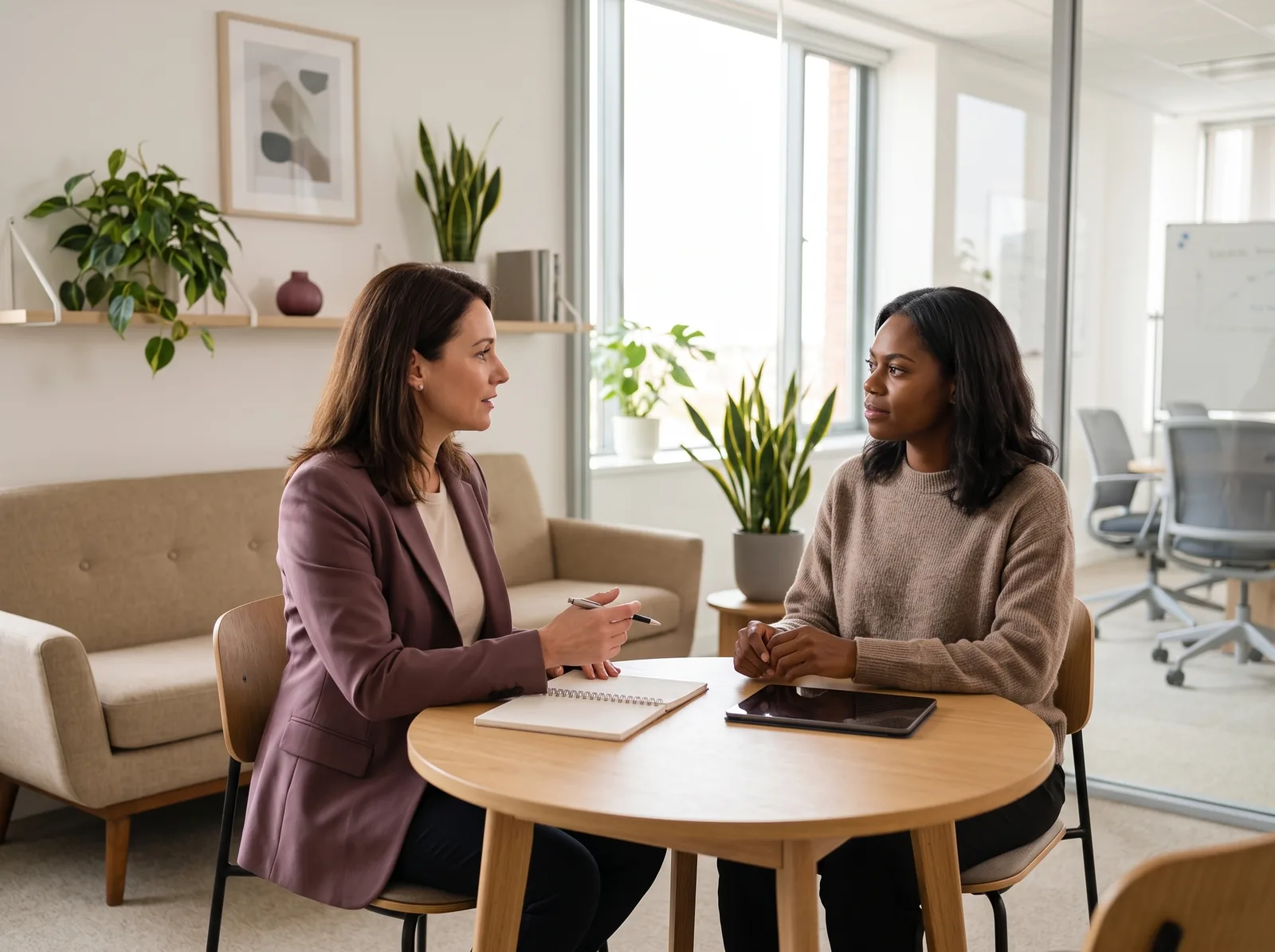 A workplace wellbeing consultation in a bright professional office
